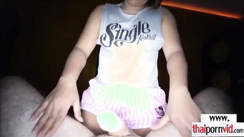 Fatty girlfriend Thai young bargirl Pai taking care of a huge dick